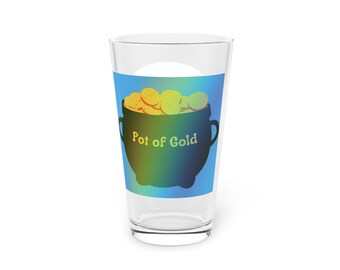 Pot of Gold Pint Glass: St Patrick's Day Lucky Clover Glass (16oz)