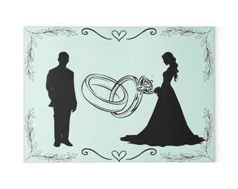 Personalized Wedding Glass Cutting Board: Bride and Groom Design