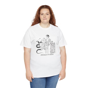T-shirt met afbeelding van het Orakel van Delphi, Apollo en Python uit de Griekse mythologie, Pythia zwart-wit grafisch T-shirt met afbeelding van het oude Griekenland, unisex T-shirt van zwaar katoen.