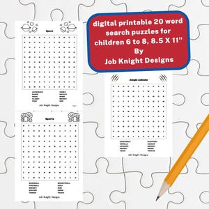 digital printable 20 word search puzzles for children 6 to 8 8.5 X 11&quot; By Job Knight Designs
