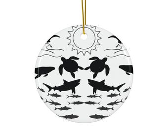 Ceramic Ocean Ornament: Sea Turtle & Shark Silhouette with Sun