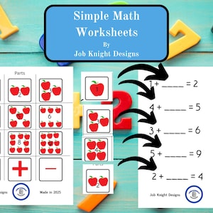 May include: A printable worksheet with a simple math addition problem for kids. The worksheet features red apples and the text "Simple Math Worksheets" and "Job Knight Designs".