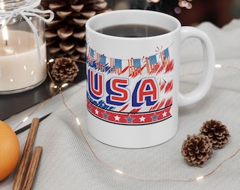 Patriotic USA Flag Coffee Mug, American Pride Ceramic Cup (11oz or 15oz)