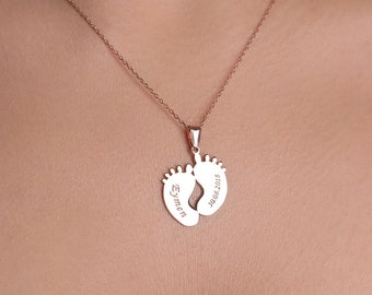 Mom Necklace With Feet, Solid Silver Baby Footprint Necklace, Baby Handprint Necklace, Personalised Mothers Day Gift, Grandma's Gift