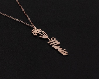 Collana con nome delicato con fiore di nascita, collana con nome personalizzato, gioielli personalizzati con nome in oro, regalo di compleanno per lei, regalo da damigella d'onore