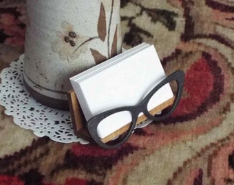 Handmade Wooden Business Card Holder: Cat Eyeglasses Theme, Optometrist Gift