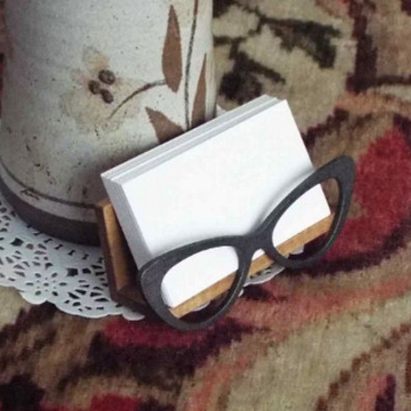 Cat Eyeglasses Wooden Desktop Business Card Holder, Custom Business Card Holder