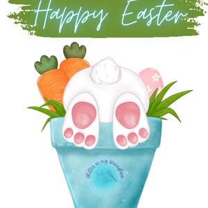 May include: Happy Easter greeting card featuring a white bunny rabbit with pink feet sitting in a blue flower pot with green grass, carrots, and a pink Easter egg. The bunny's tail is sticking up and the pot has a purple sticker with the text "glitter in my wineglass".