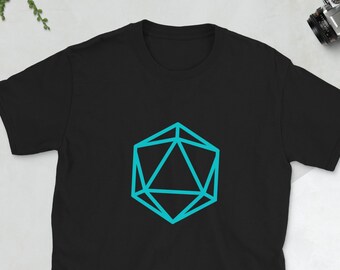 May include: Black t-shirt with a turquoise blue outline of a twenty-sided die.