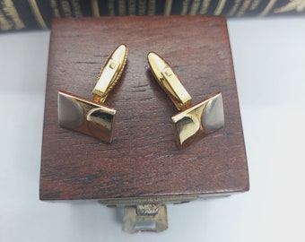 Vintage Gold Plated and Grey Cufflinks, Gift For Him, Square Cufflinks For Groom or Wedding Suit with Wood Gift Box, Men Jewelry Fashion