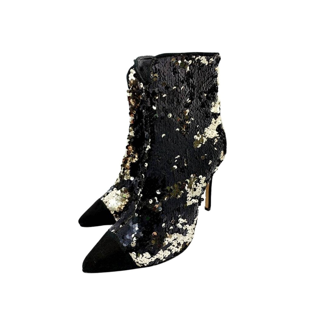 Vintage Sparkle Black and Gold Sequin Suit Leather Ankle High Heel