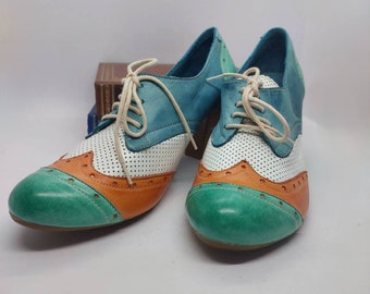 Leather Oxford Thick Heels Multipable Color Blue, White, Orange and Green Three Tone Shoes For Women, gift for her