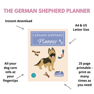May include: Printable German Shepherd planner with a cartoon dog illustration. The planner is 25 pages and available in A4 and US Letter size.