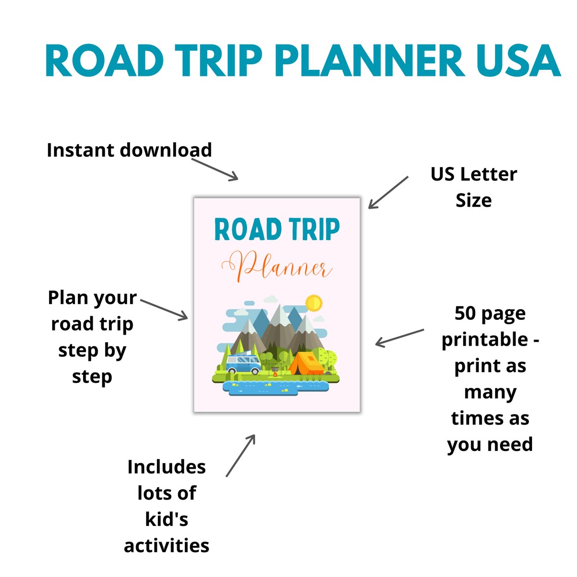 Road Trip Planner USA & Kid's Activities Printables, Travel Planner