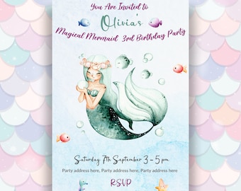 Green Mermaid Birthday Invitation - Personalized For You, Mermaid Invitation, Mermaid Invite, Mermaid Party, Under The Sea Invite