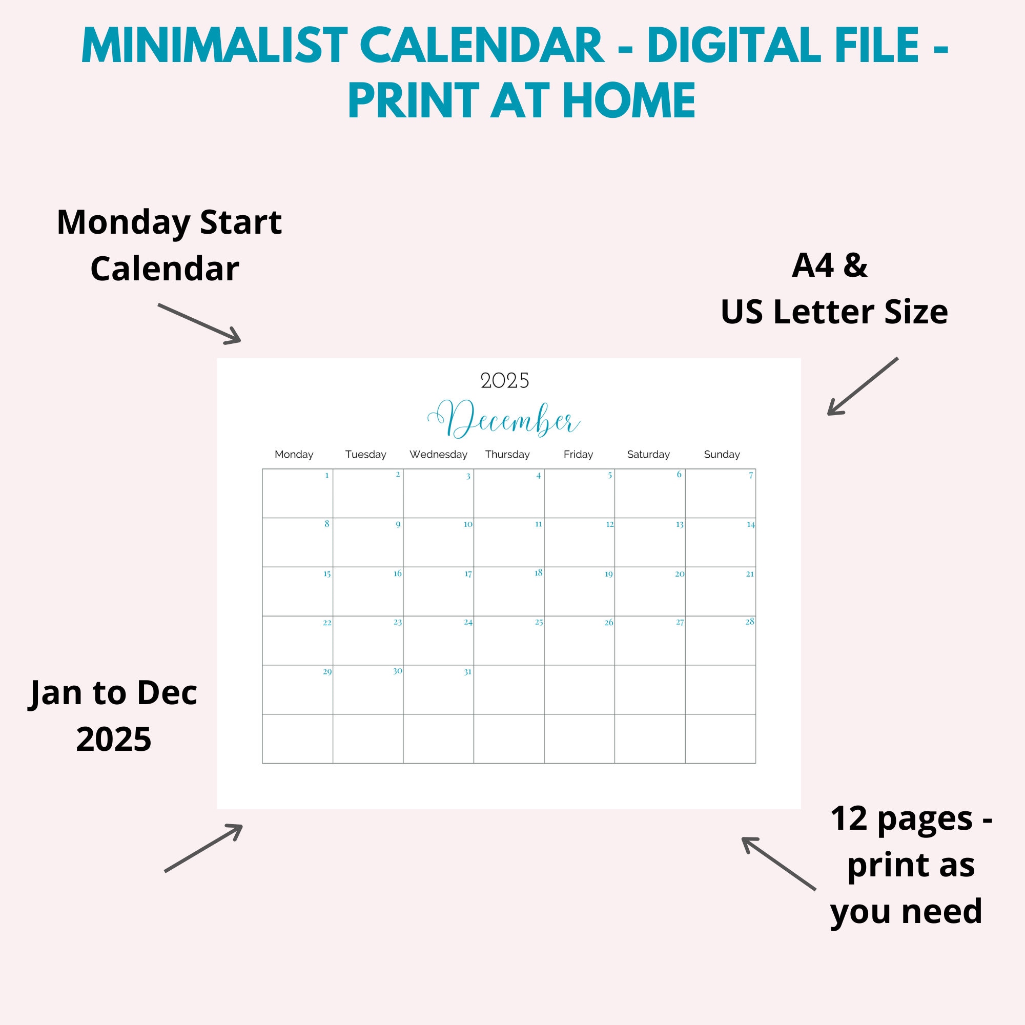 2025 Calender, Minimalist Calendar, Printable Calendar, Blank Calendar, 2025 Planner, 2025 Desk