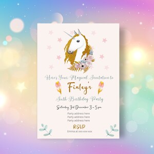 Unicorn Birthday Party Invitation - Personalized For You, Gold Unicorn Invitations, Unicorn Invites, Unicorn Party, Kid&#39;s Party Invitations