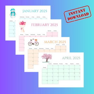 Kalender 2025, leuke kalender, thuisschoolkalender, blanco kalender, planner 2025, bureaukalender 2025, wandkalender 2025, kalender pdf