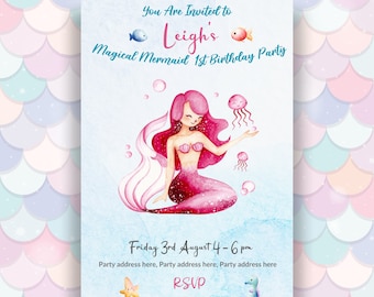 Pink Mermaid Birthday Invitation - Personalized For You, Mermaid Invitation, Mermaid Invite, Mermaid Party, Under The Sea Invite