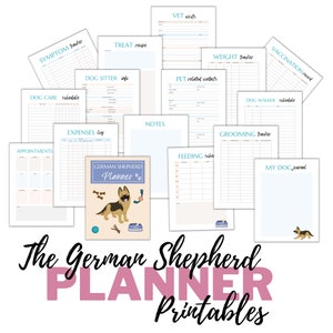 May include: Printable planner pages for German Shepherd owners. The pages include sections for vet visits, weight tracker, vaccination record, dog sitter info, pet related contacts, notes, expenses log, dog care schedule, appointments, treat recipe, dog walker schedule, grooming tracker, feeding schedule, and a my dog journal.