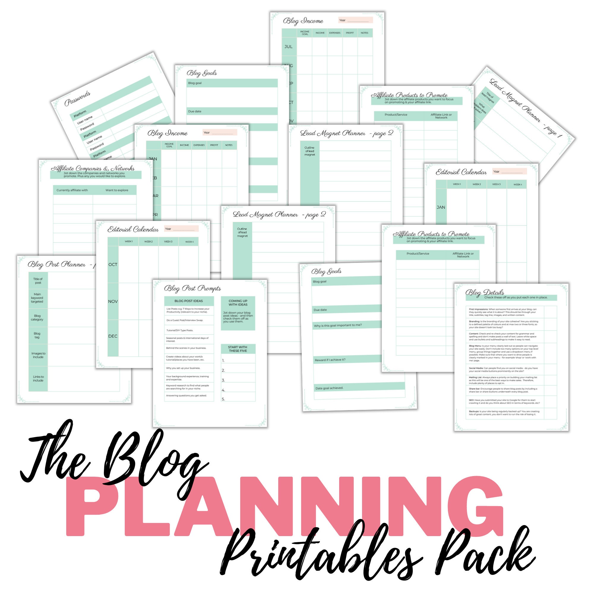 Blog Planner Printables Pack, Soft Green Blog Planner, Editorial Calendar, Blogging Tips, Blog ...