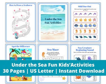 Activités aquatiques amusantes pour enfants, format lettre US, pages à colorier sur la vie marine, jeux de créatures marines à imprimer, feuilles d'apprentissage sur la vie marine
