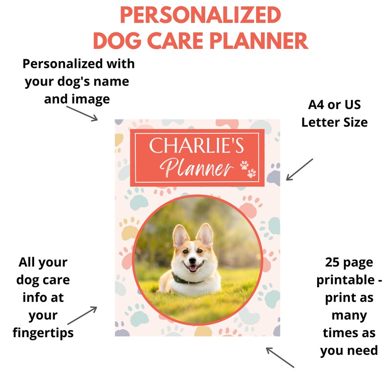 May include: A personalized dog care planner with the text "CHARLIE'S Planner" and a photo of a dog. The planner is A4 or US Letter size and includes space for dog care information. The cover has a paw print pattern.