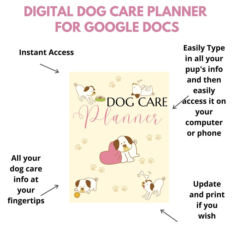 May include: A digital dog care planner for Google Docs. The planner features a cute cartoon dog on a pink heart and paw print background. The text "DOG CARE Planner" is written in pink cursive font. The text "Instant Access", "All your dog care info at your fingertips", "Easily Type in all your pup's info and then easily access it on your computer or phone", and "Update and print if you wish" is written in black text.