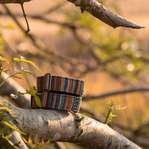 May include: Two colorful patterned dog collars with a brass buckle, resting on a tree branch.