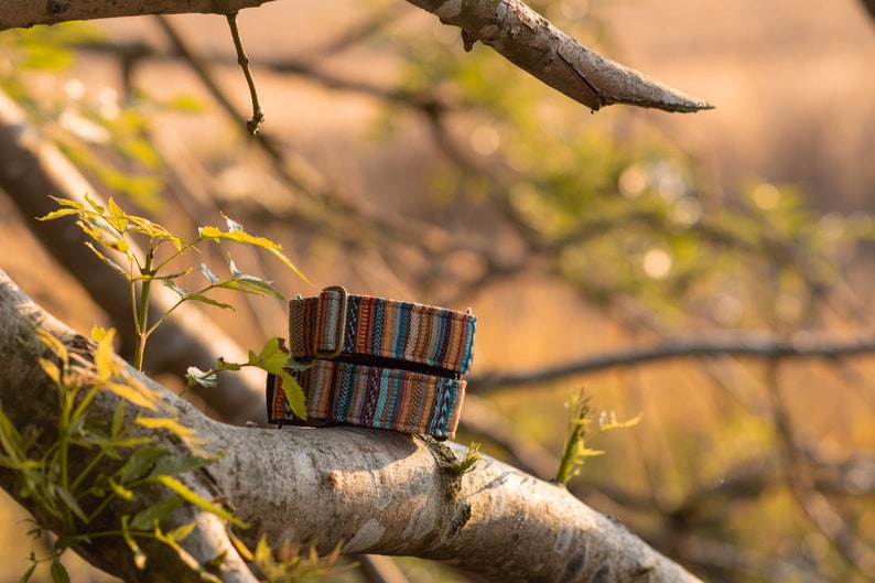 May include: Two colorful patterned dog collars with a brass buckle, resting on a tree branch.