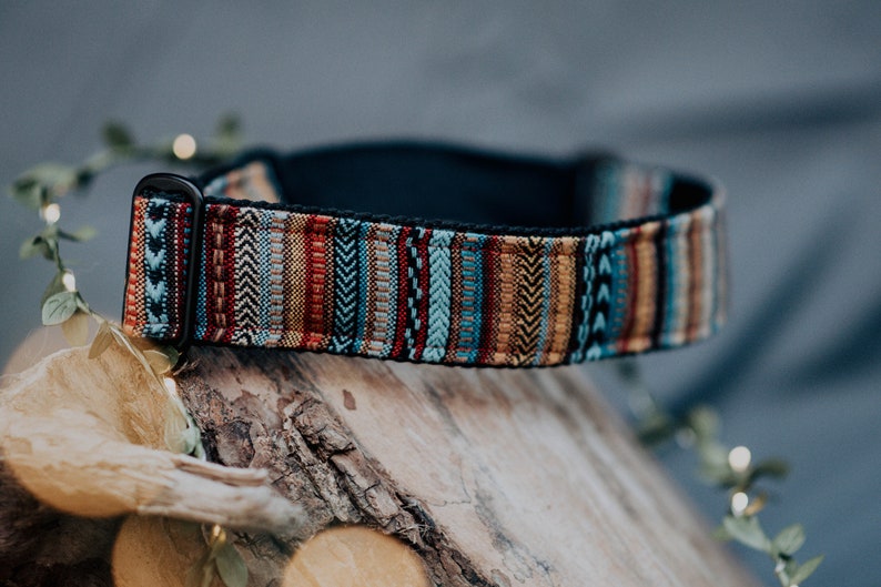 May include: A colorful dog collar with a woven pattern in shades of blue, red, brown, and beige. The collar has a black buckle and is made of durable fabric.