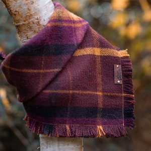 May include: A burgundy, yellow, and black plaid dog bandana with frayed edges and a brown leather tag that says "Adventure Awaits".