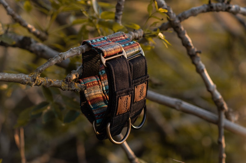 May include: Two dog collars, one black with a brown leather patch and the other with a colorful patterned fabric. Both collars have silver metal D-rings.