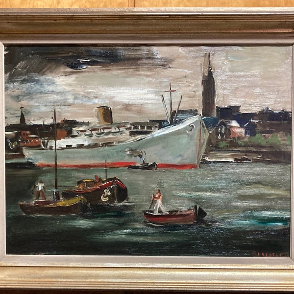 Paul Daxhelet : Navire dans un port. Huile sur toile, probablement des années 1930.