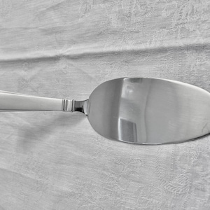 May include: A silver cake server with a long, thin handle and a wide, oval-shaped blade.