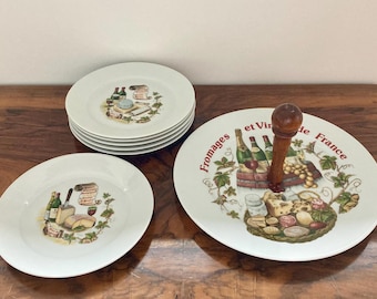 Vintage French cheese serving set: porcelaine de Limoges, 6 different cheese plates and large serving platter with wooden handle