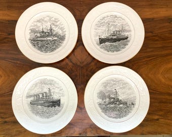 Petrus Ragout & Co, Maastricht earthenware: Four plates from the Navires series, with old vessels