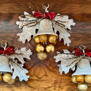 Three vintage Christmas decorations, clock, Glocke, cloche, bell with oak leaf