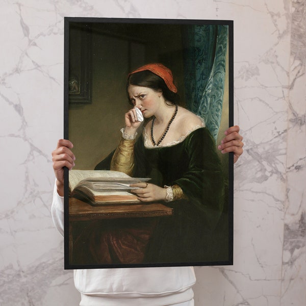 Woman holding her nose | bathroom altered art, modern classical art print, aesthetic office room, altered vintage portrait, renaissance