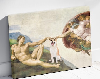 アダムの創造 - ミケランジェロの犬を描いた絵画のパロディ、高品質の