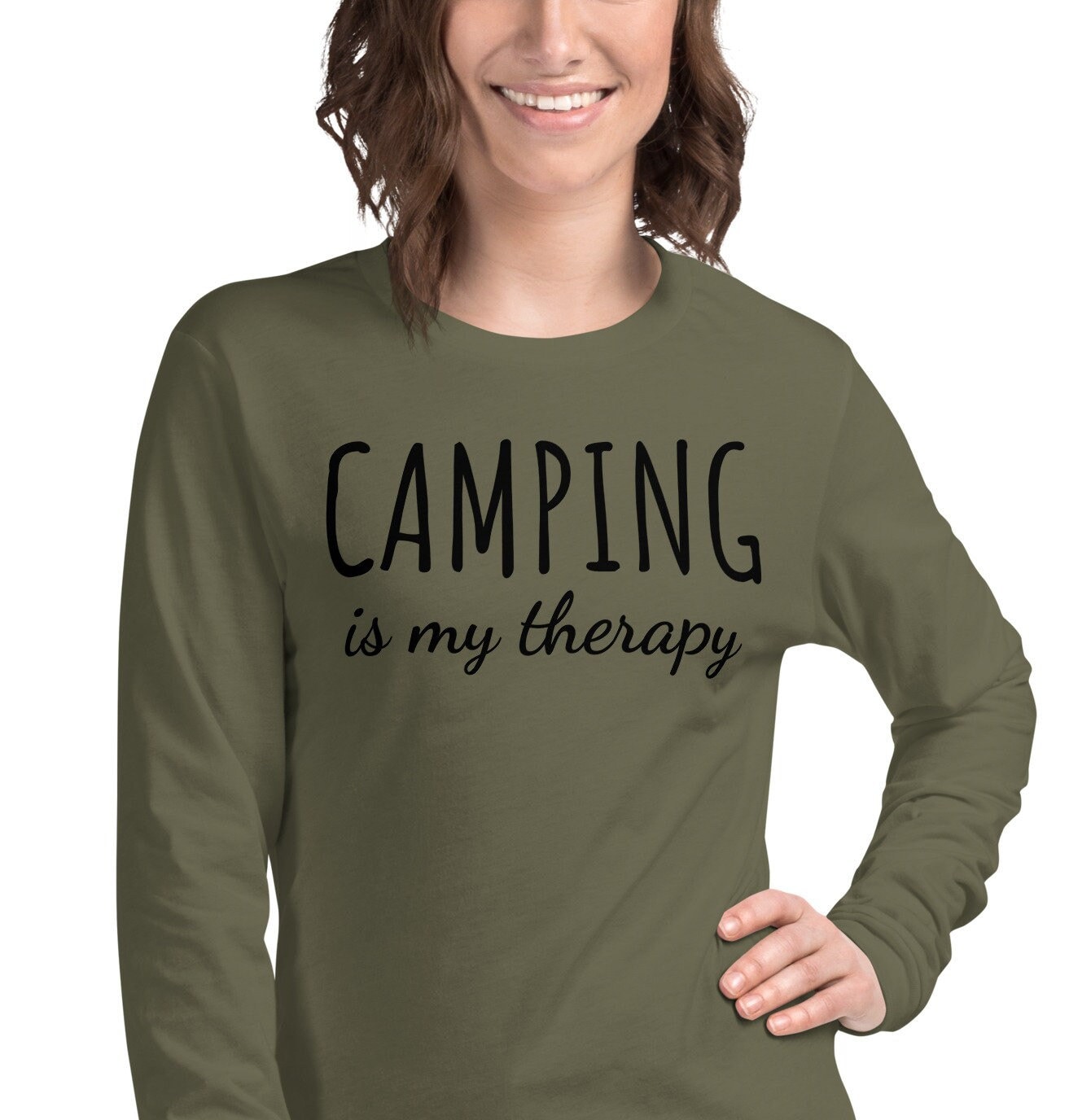 Women's Happy Camper Long Sleeve Tunic Shirt - Letter Print Casual Pullover Top (Green) - View #4