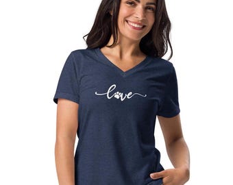 Love with paw print t shirt, dog lovers, cat lover, puppy love, dog mom / dad / parent, Women’s relaxed v-neck t-shirt