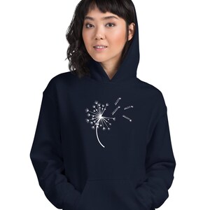 May include: A navy blue hoodie featuring a white dandelion graphic. The dandelion has seeds blowing in the wind, with the words "Make a Wish" written on each seed.