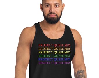 May include: Black tank top with the text "PROTECT QUEER KIDS" in a rainbow gradient. The text is repeated multiple times down the front of the shirt. The tank top is sleeveless.