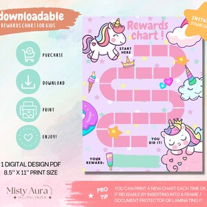 May include: Printable reward chart featuring a unicorn theme. The chart is pink and purple with stars, hearts, and clouds. It includes a game board with spaces for stickers or stamps. The text "Rewards chart!" is at the top of the chart. The chart is 8.5 inches by 11 inches.