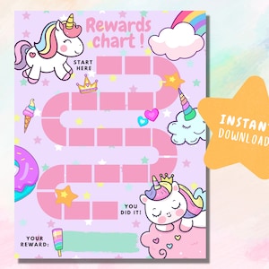 May include: A printable pink and purple unicorn themed rewards chart with a path to follow. The chart has the text "Rewards chart!" and "You did it!" and includes a unicorn, a donut, a crown, a star, a heart, and an ice cream cone.