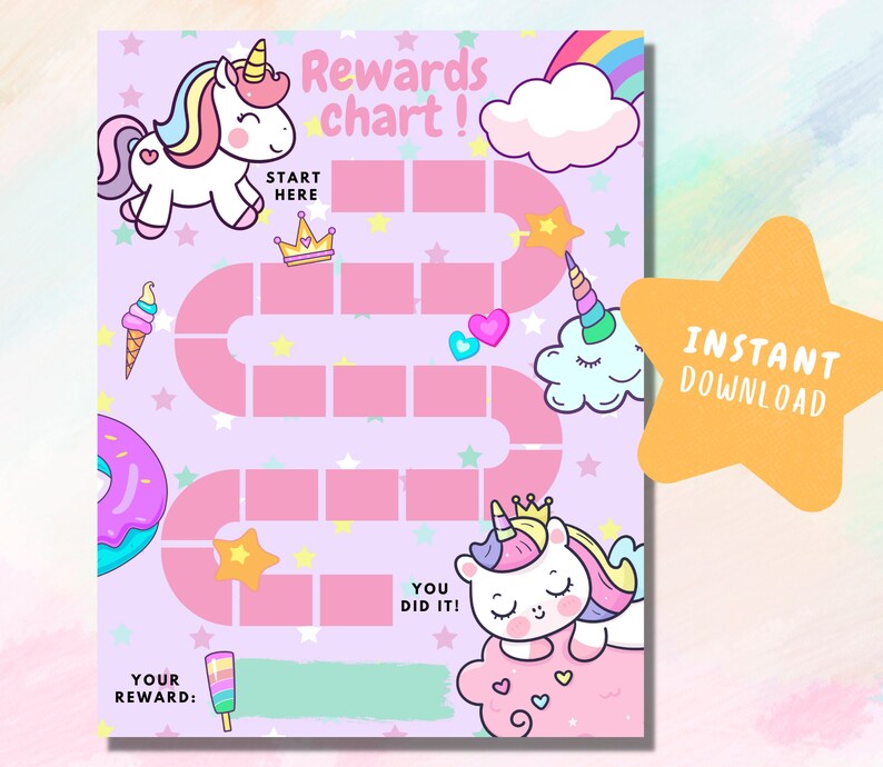 May include: A printable pink and purple unicorn themed rewards chart with a path to follow. The chart has the text "Rewards chart!" and "You did it!" and includes a unicorn, a donut, a crown, a star, a heart, and an ice cream cone.