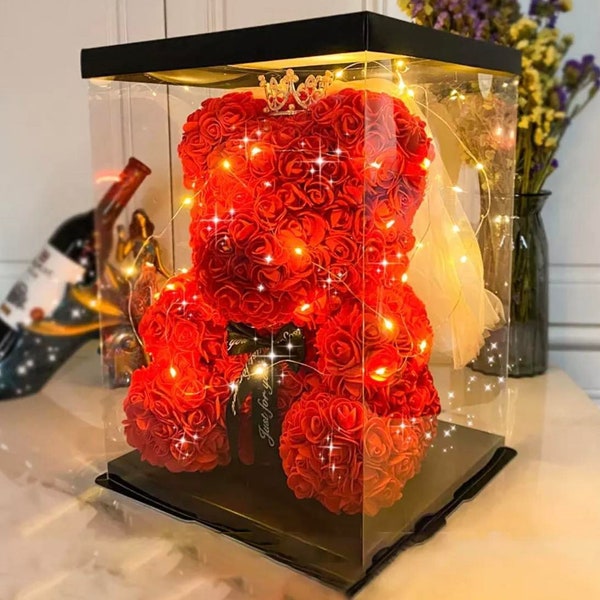 Osito de Rosas con Iluminación y Caja Idea de Regalo para San Valentín, Regalo de Aniversario, Regalo Especial para Novia