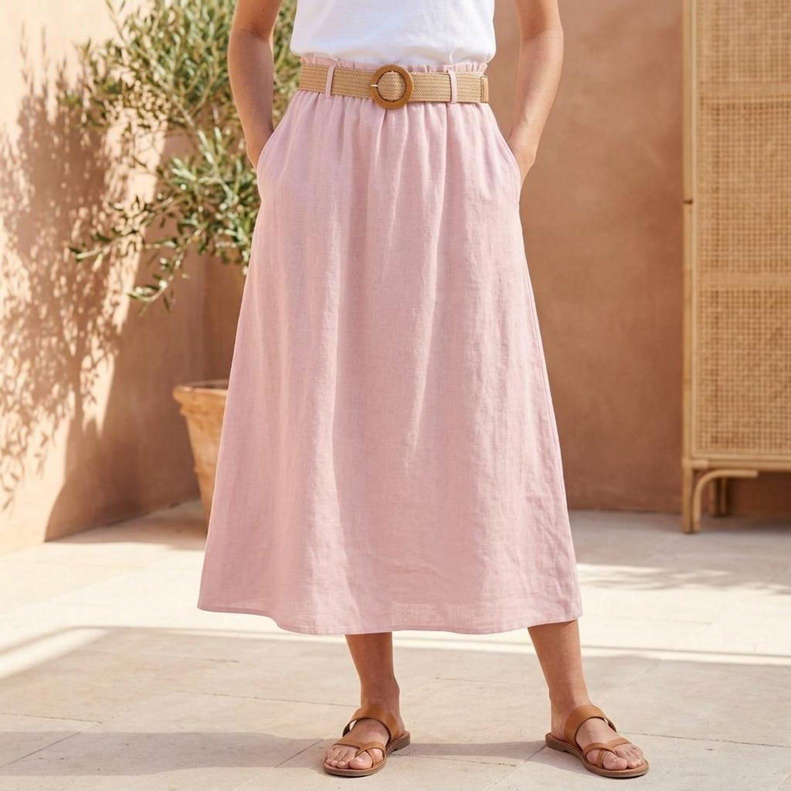 Linen Skirt Women High Waist Midi 100% Linen A-line Skirt Elastic
