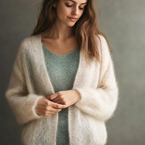 Mohair Cardigan, Baby Mohair, Loose Knit Sweater, Oversized for Petite, Regular Fit, Long Sleeve Wrap, Cozy Layering, Oatmeal Cream,